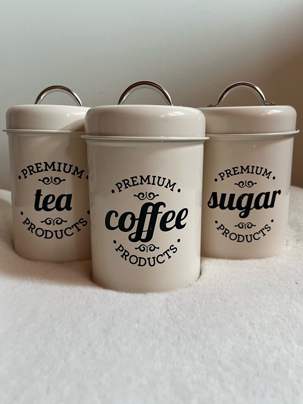 Off White Metal Coffee Tea Sugar Canister Set 3 Pc Farmhouse Kitchen Storage